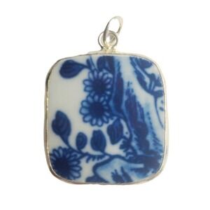 Blue Willow Sunflowers Vintage Broken China Pottery Shard Pendant Square Jewelry